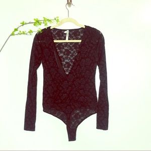 Free People Surplice Black Lace V-neck Bodysuit